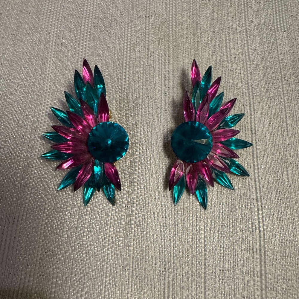 Stefanie Somers Pink and Blue Fan Design Earrings clip ons